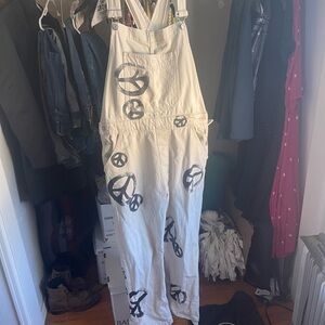 Free People Cream Cotton Peace Sign Overalls